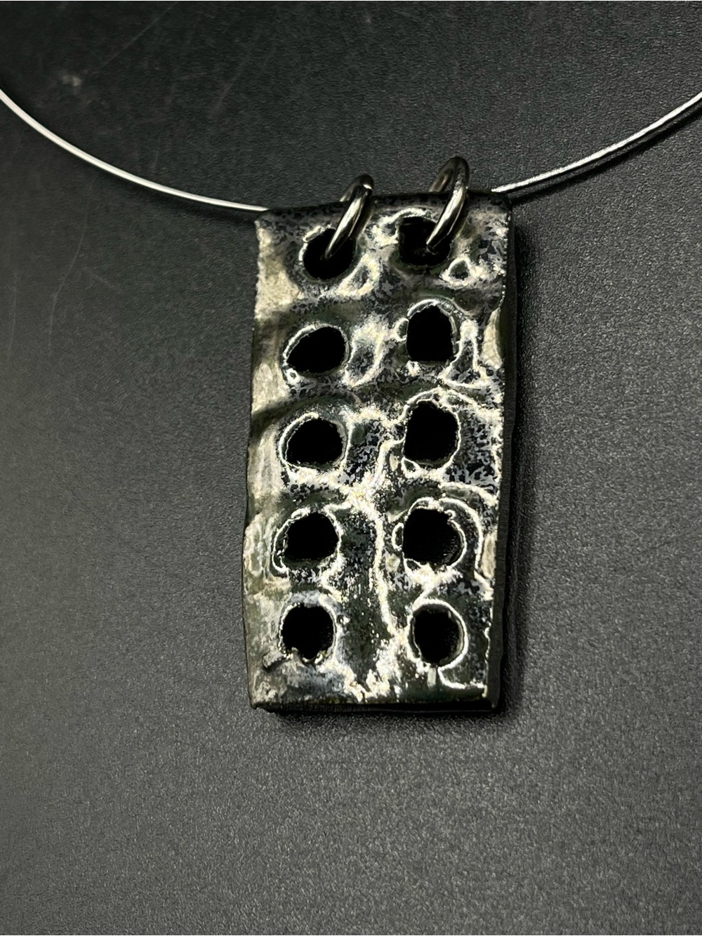 Handcrafted Modernist Glazed Ceramic Metallic Pendant Necklace